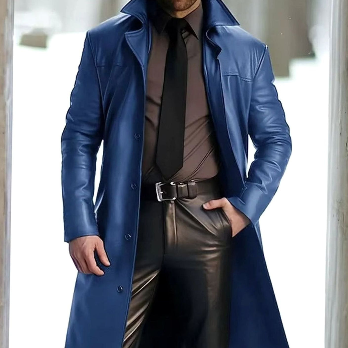 Men's Long Button-Front Faux Leather Trench Coat