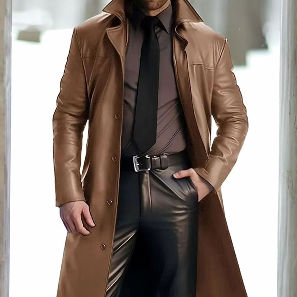 Men's Long Button-Front Faux Leather Trench Coat