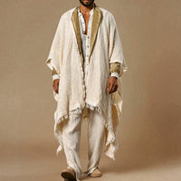 Men's Loose-Fitting Cotton-Linen Open-Front Poncho with Fringes