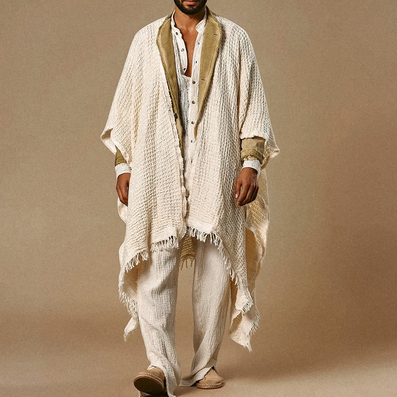 Men's Loose-Fitting Cotton-Linen Open-Front Poncho with Fringes