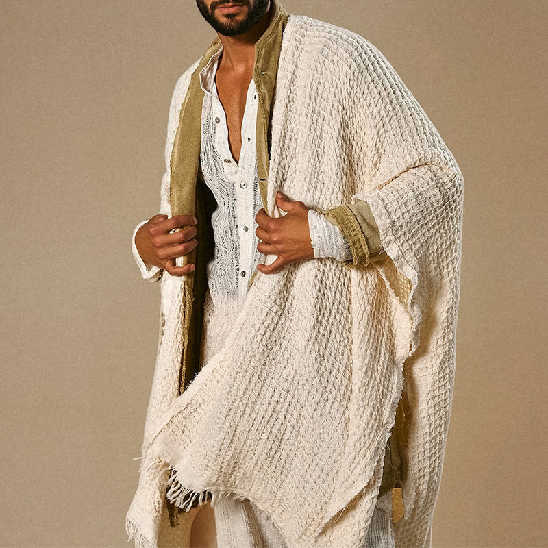 Men's Loose-Fitting Cotton-Linen Open-Front Poncho with Fringes