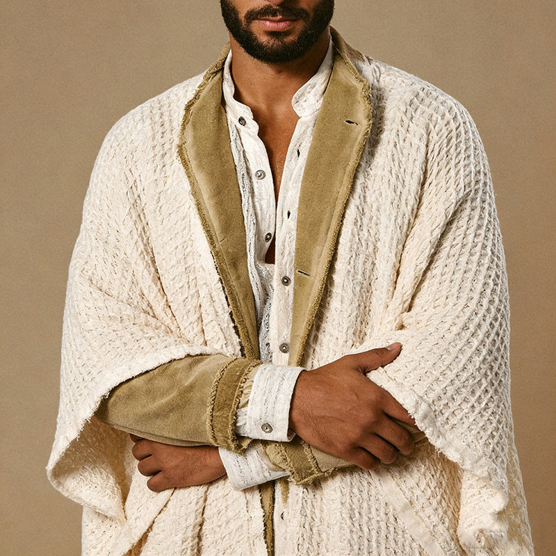 Men's Loose-Fitting Cotton-Linen Open-Front Poncho with Fringes
