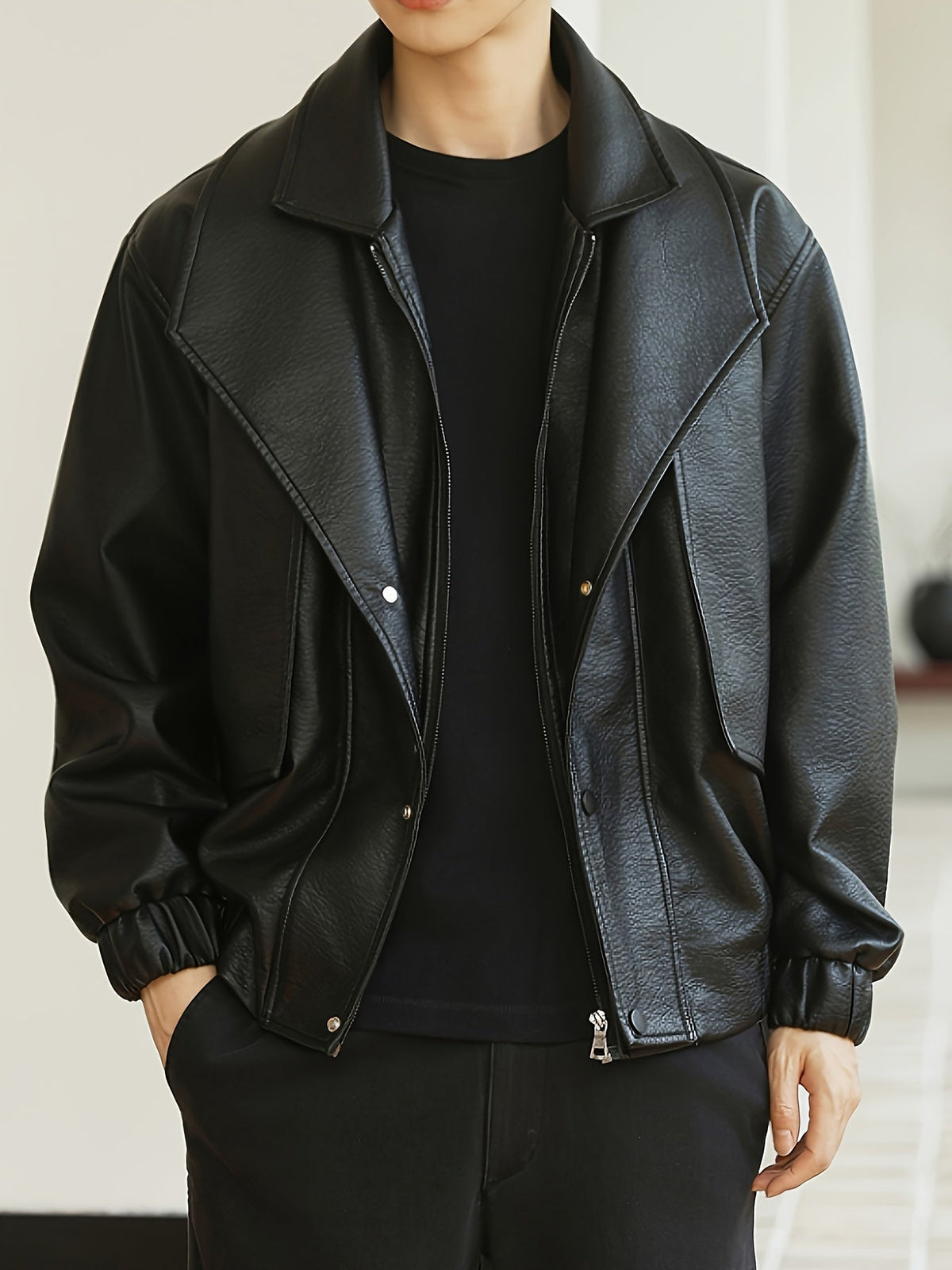 Men's Regular Fit Faux Leather Casual Bomber Jacket