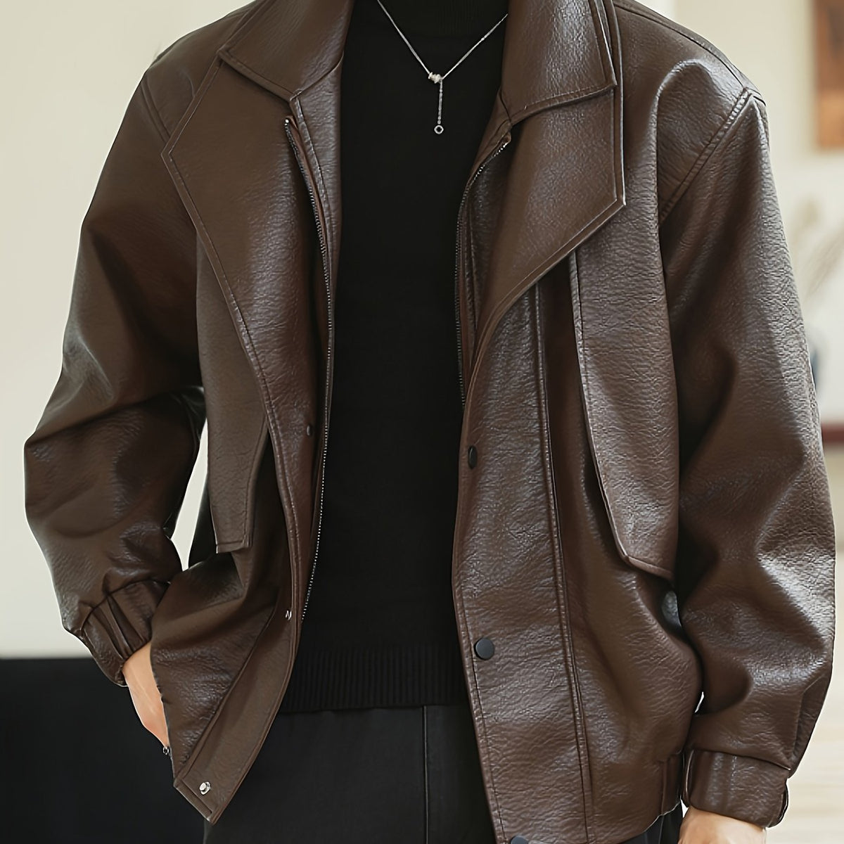 Men's Regular Fit Faux Leather Casual Bomber Jacket