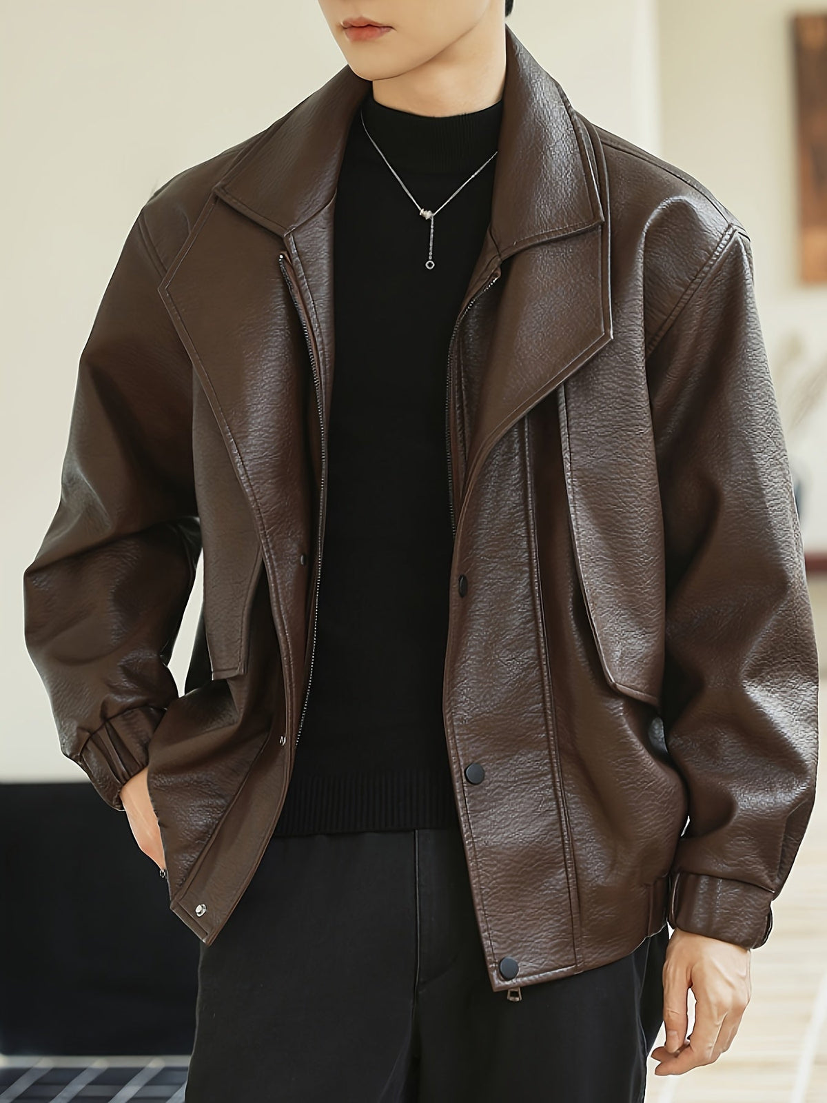 Men's Regular Fit Faux Leather Casual Bomber Jacket