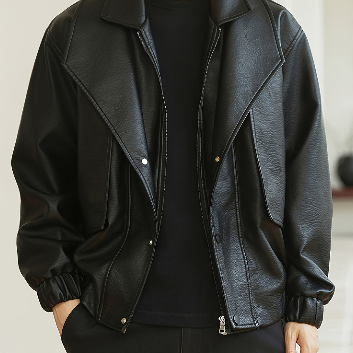 Men's Regular Fit Faux Leather Casual Bomber Jacket