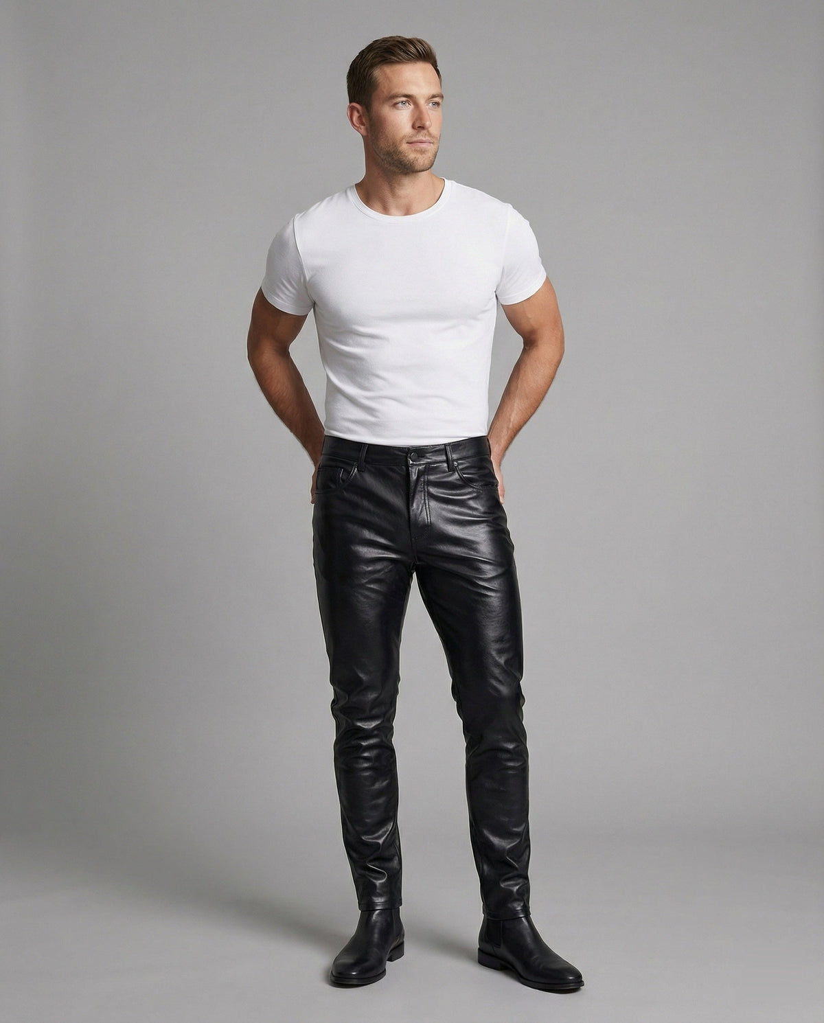 Men's Slim Fit Faux Leather Pants with Quilted Details