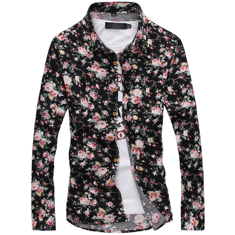 Men's Slim Fit Floral Shirt with Kent Collar and Full Button Placket