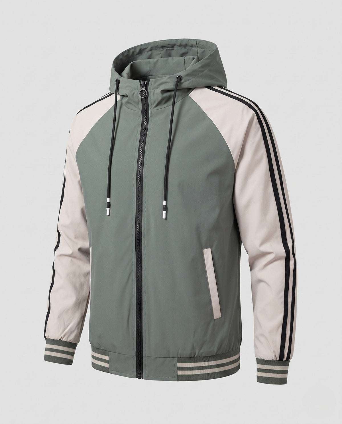 Men's Sporty Color-Block Hooded Jacket with Pockets