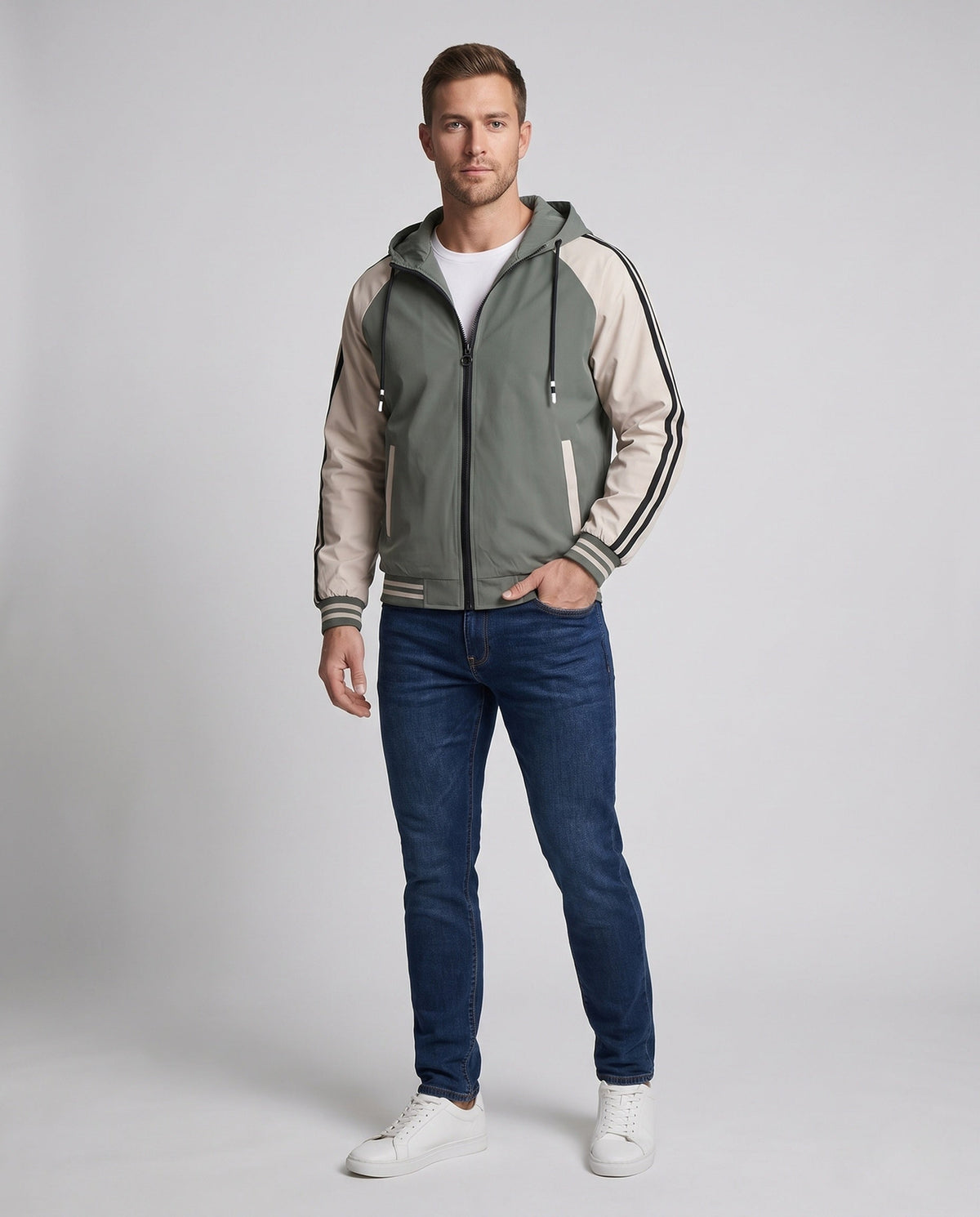 Men's Sporty Color-Block Hooded Jacket with Pockets