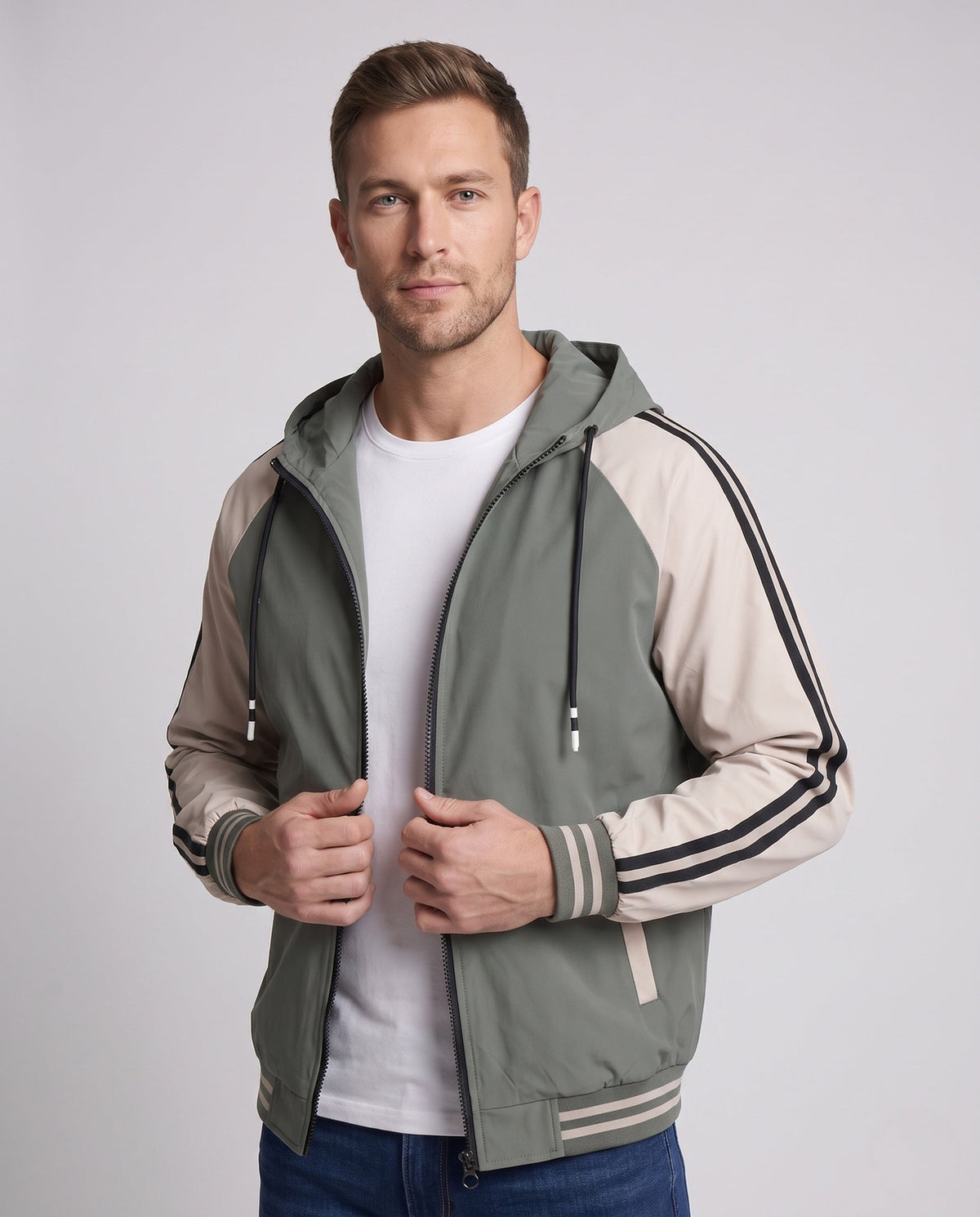 Men's Sporty Color-Block Hooded Jacket with Pockets