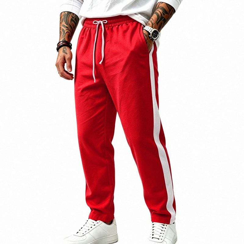 Men's Straight Leg Athletic Track Pants with Side Contrast Stripe and Drawstring Waist