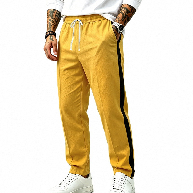 Men's Straight Leg Athletic Track Pants with Side Contrast Stripe and Drawstring Waist