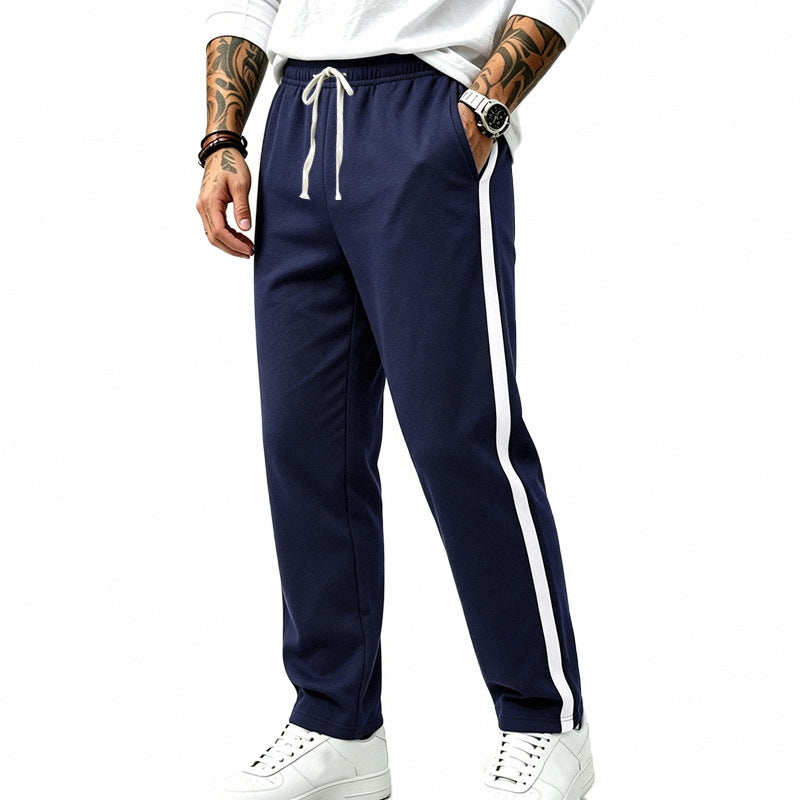 Men's Straight Leg Athletic Track Pants with Side Contrast Stripe and Drawstring Waist