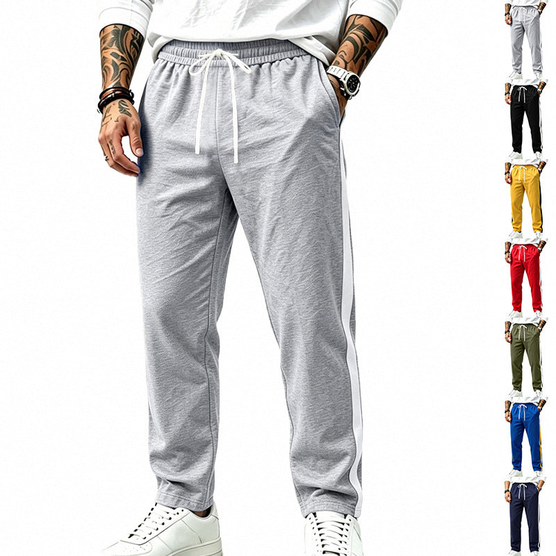 Men's Straight Leg Athletic Track Pants with Side Contrast Stripe and Drawstring Waist