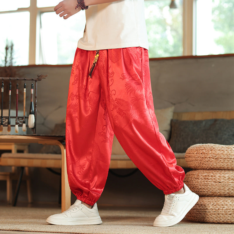Men's Wide Jacquard Satin Harem Pants with Drawstring, Elastic Cuffs, and Traditional Dragon Motif