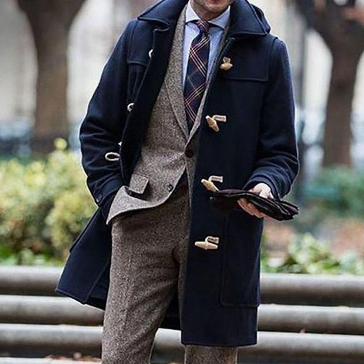 Men's Wool Hooded Toggle Long Overcoat