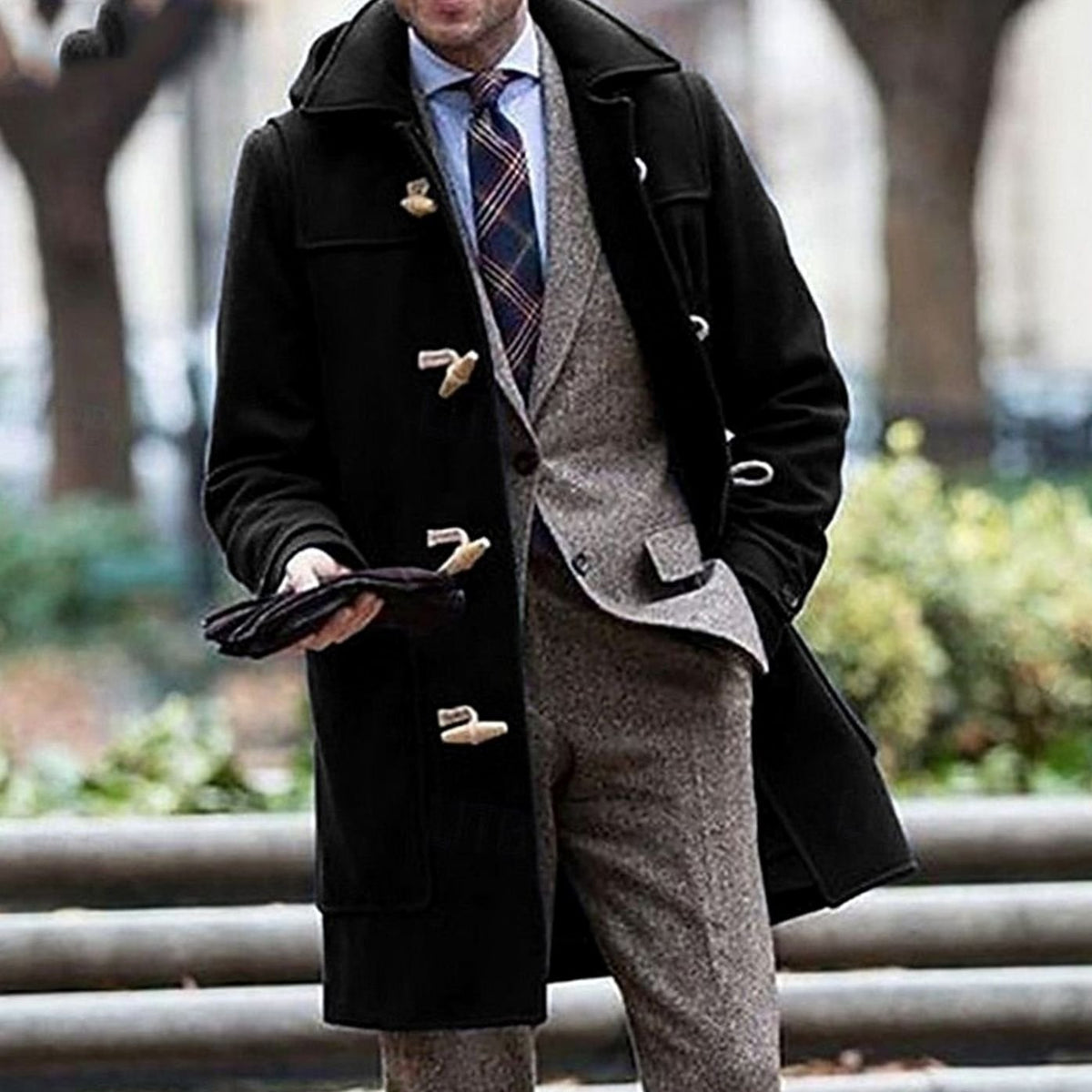 Men's Wool Hooded Toggle Long Overcoat