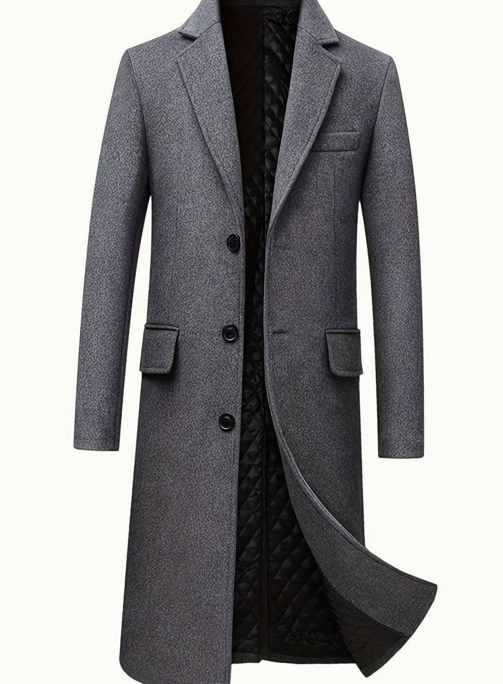 Men's Wool Long Tailored Button-Front Overcoat Trench Coat