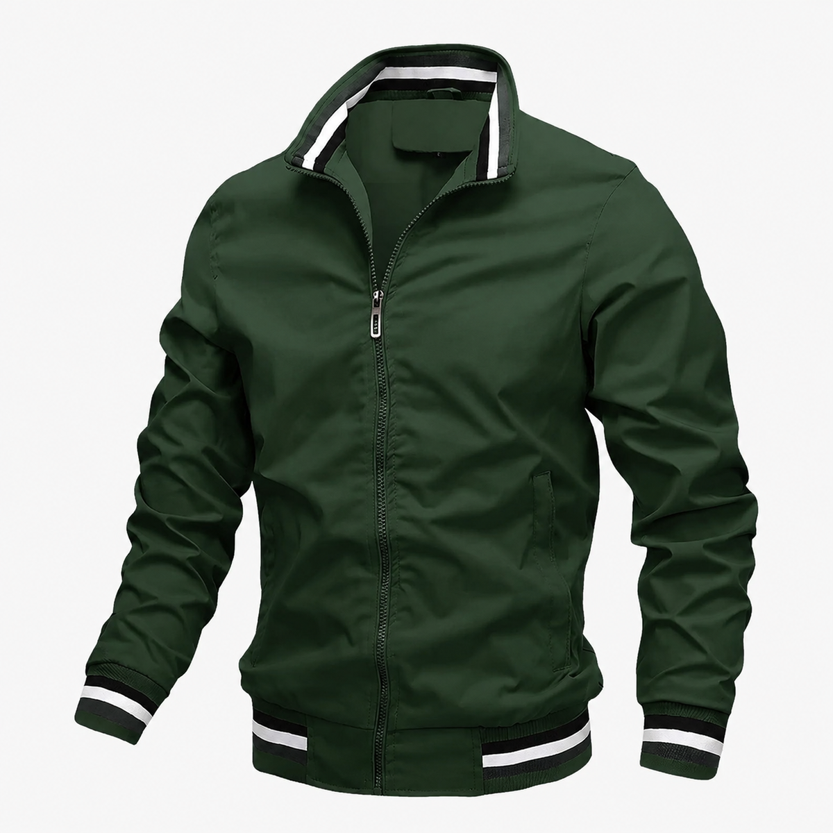 Men's Zip-Up Bomber Jacket with Striped Hem