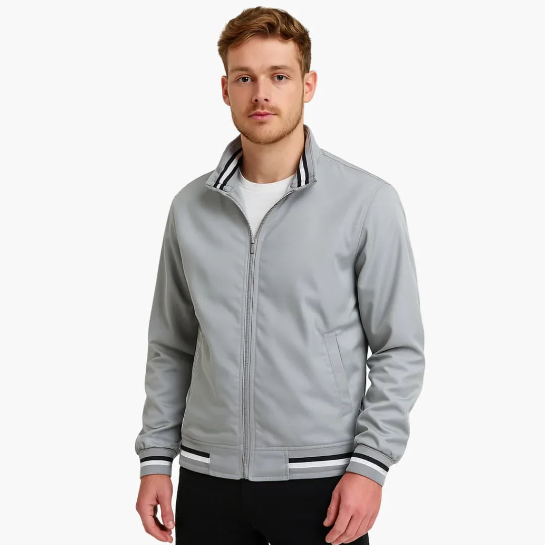 Men's Zip-Up Bomber Jacket with Striped Hem