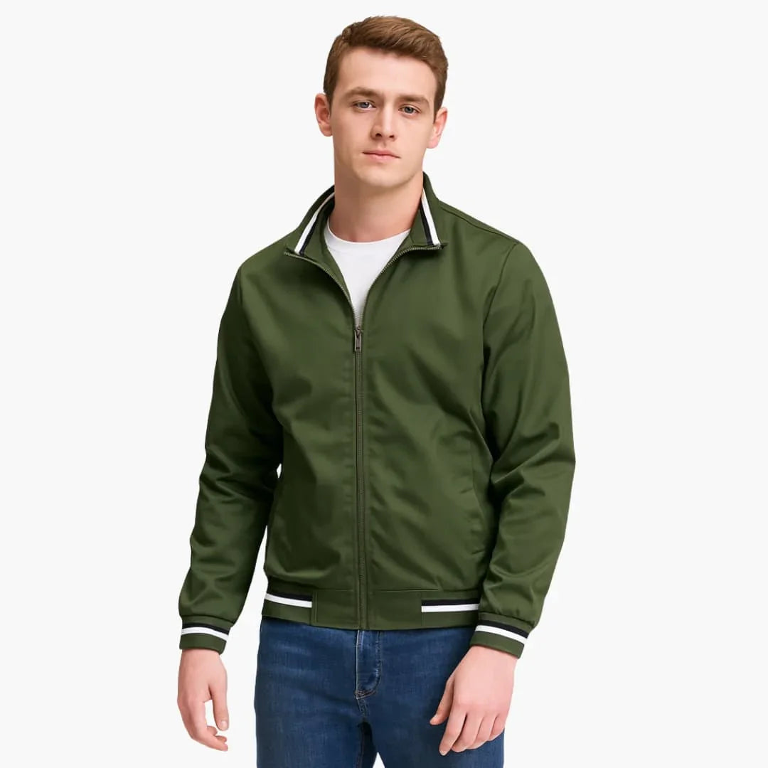 Men's Zip-Up Bomber Jacket with Striped Hem
