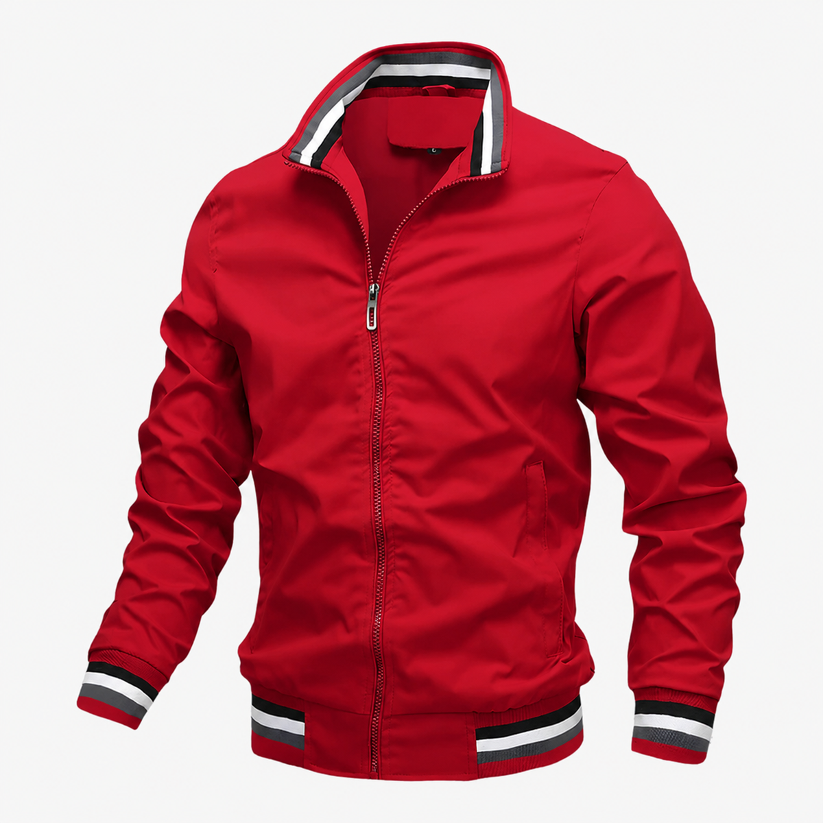 Men's Zip-Up Bomber Jacket with Striped Hem