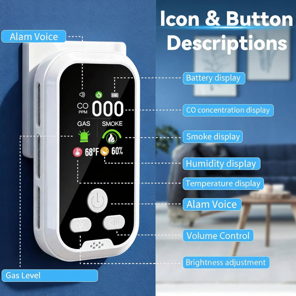Multifunctional Gas and Smoke Monitor with LCD Display and Temperature and Humidity Readings