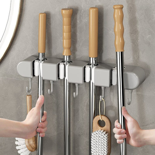 Multifunctional Wall-Mounted Mop & Broom Holder with Hooks