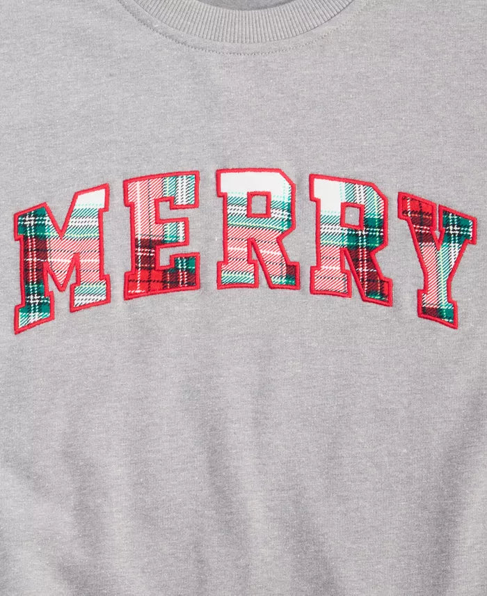 Plaid Merry Applique Crew Neck Sweatshirt with Soft Stretch for Holiday Wear