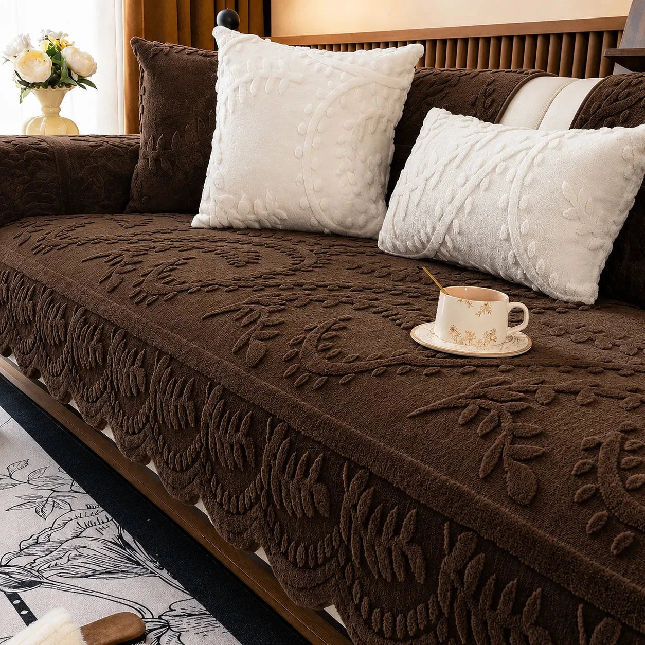 Plush Non-Slip Couch Cover with Botanical Texture