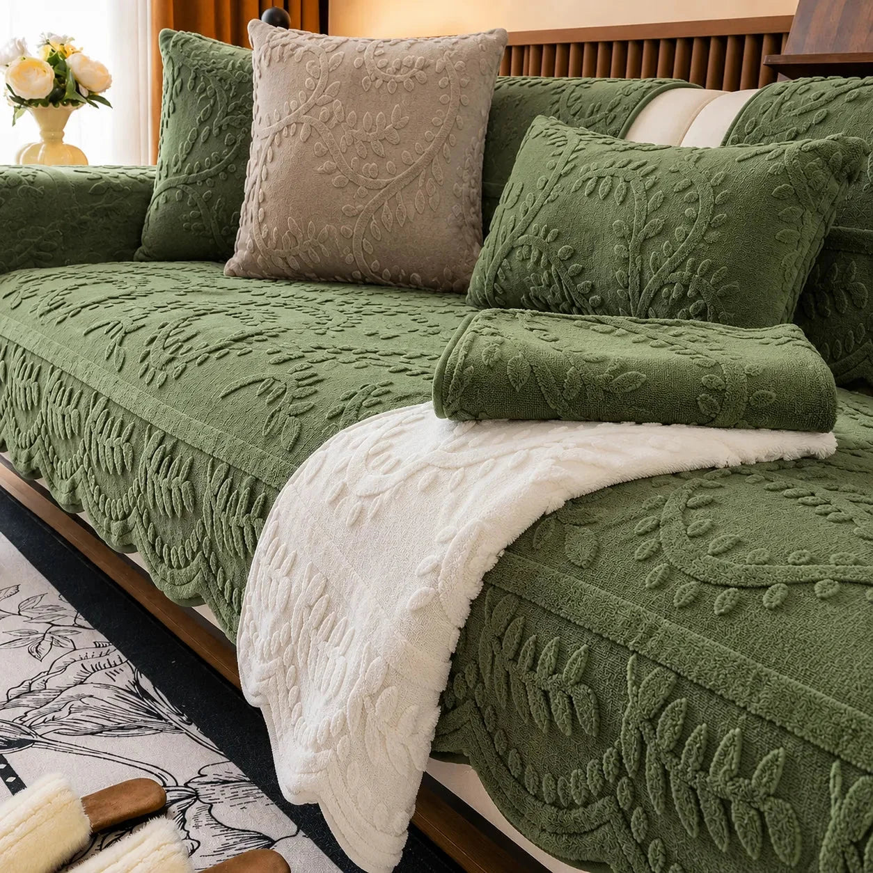 Plush Non-Slip Couch Cover with Botanical Texture