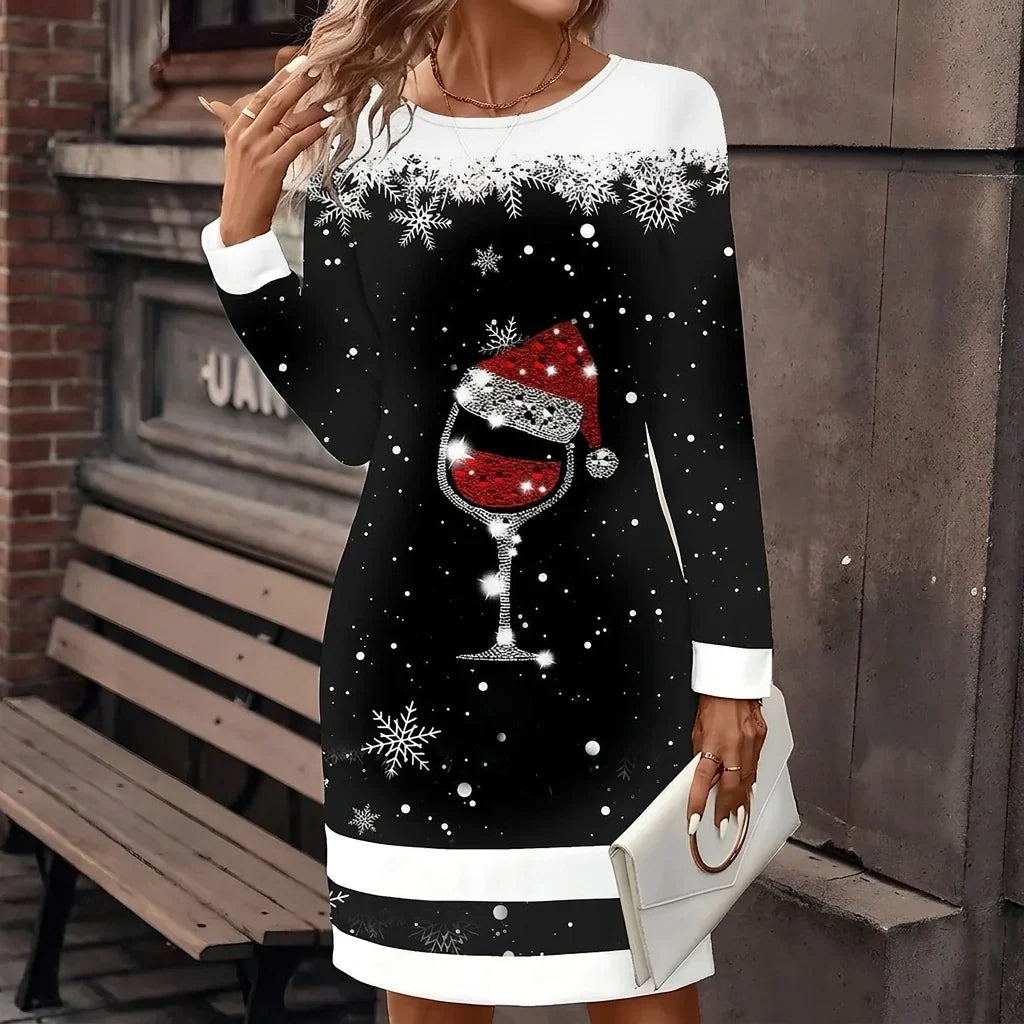 Printed Round-Neck Christmas Dress