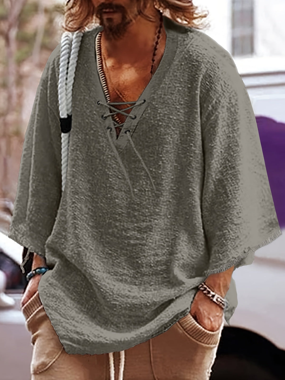 Relaxed Lace-Up V-Neck Shirt