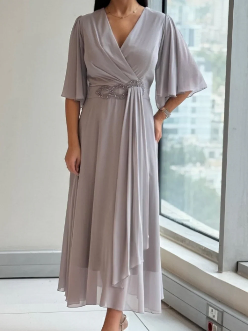 Image of Renee | Women's V-Neck Wrap Midi Dress
