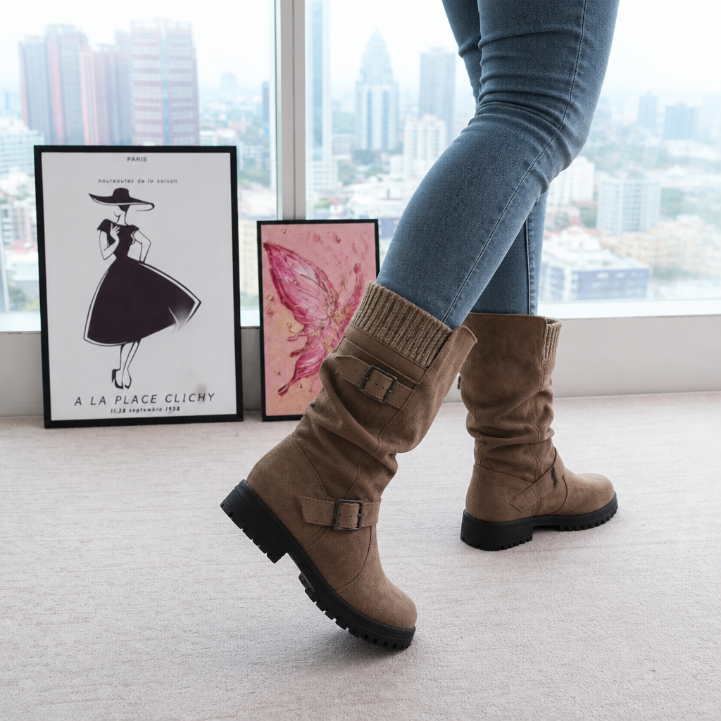 Ribbed Cuff Lug Sole Slouch Boots
