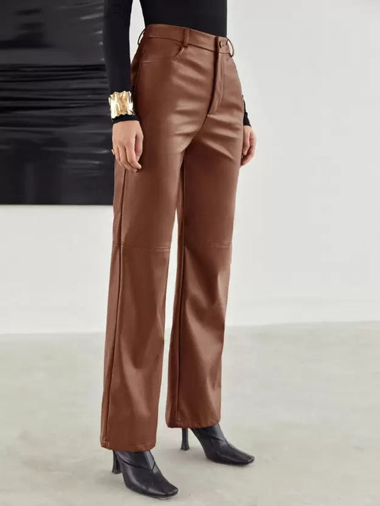 Image of Roxanne | Women's High-Waisted Faux Leather Wide Leg Pants