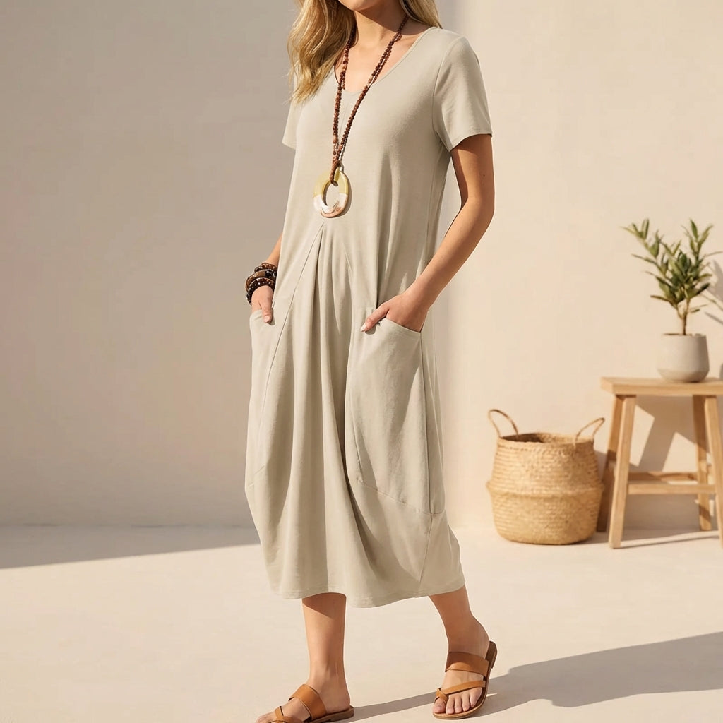 Image of Sabrina | Women's V-Neck A-Line Midi Dress