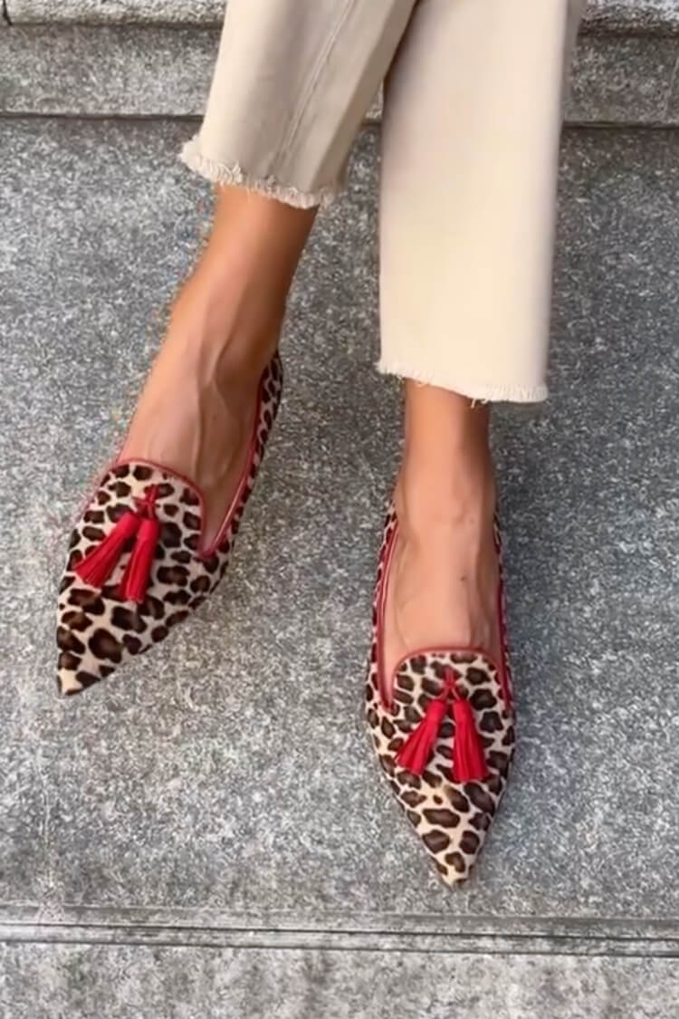 Image of Samantha | Women's Leopard Print Pointed Toe Tassel Loafers