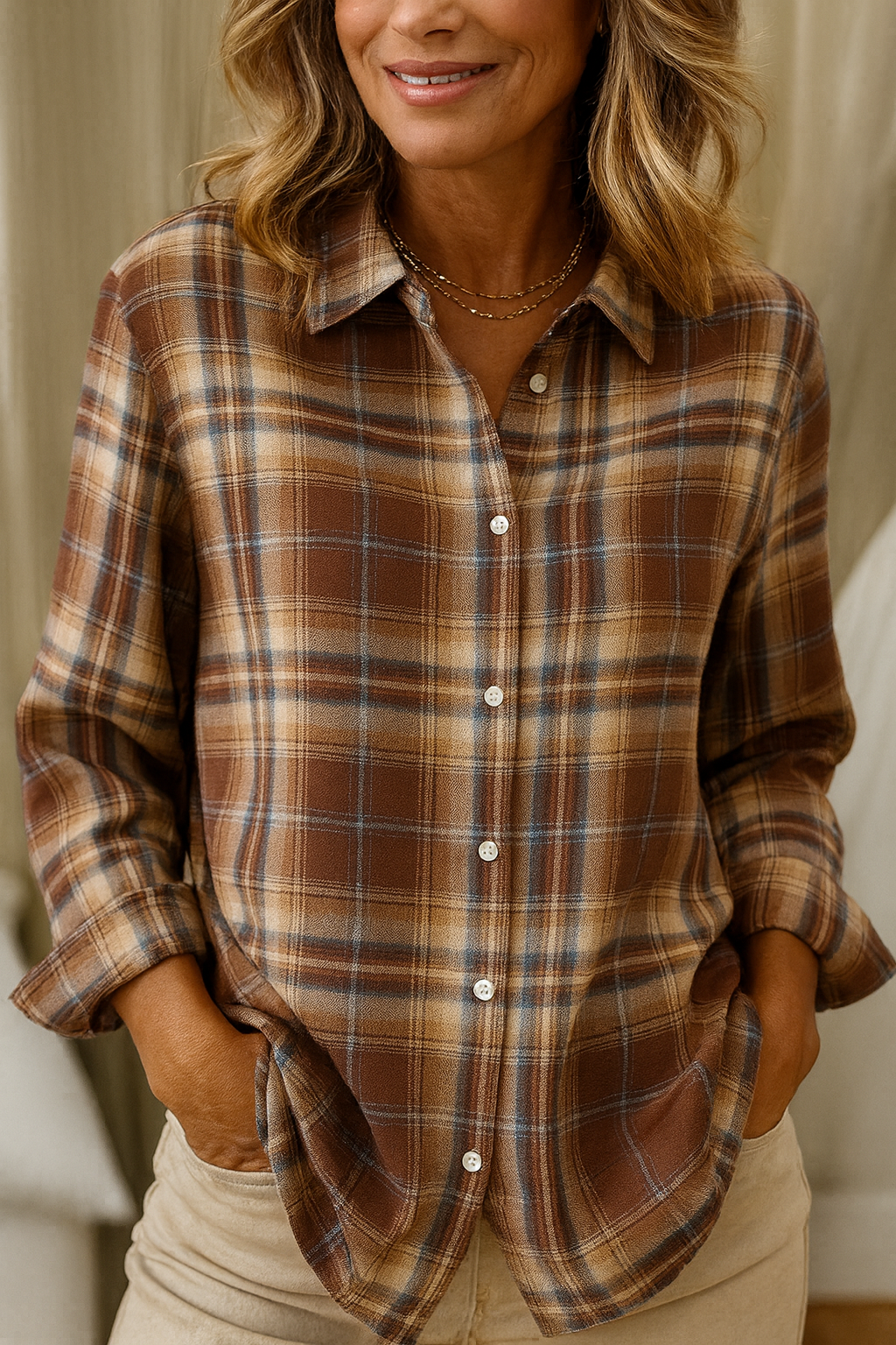 Image of Sara | Women's Plaid Button-Up Blouse