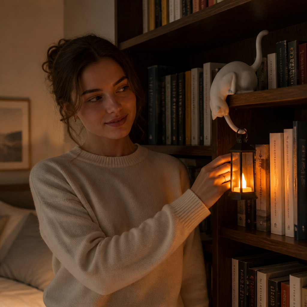 Shelf-Edge Cat Figurine LED Lantern
