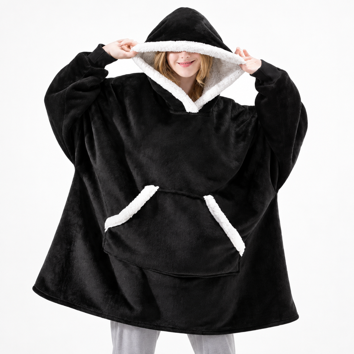 Sherpa-Lined Oversized Cozy Blanket Hoodie Pullover