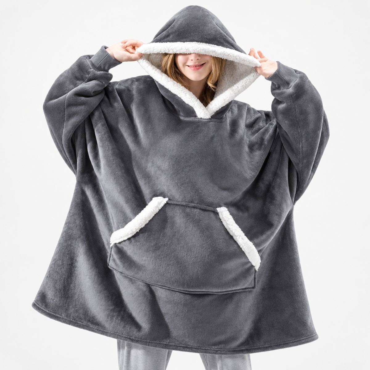 Sherpa-Lined Oversized Cozy Blanket Hoodie Pullover
