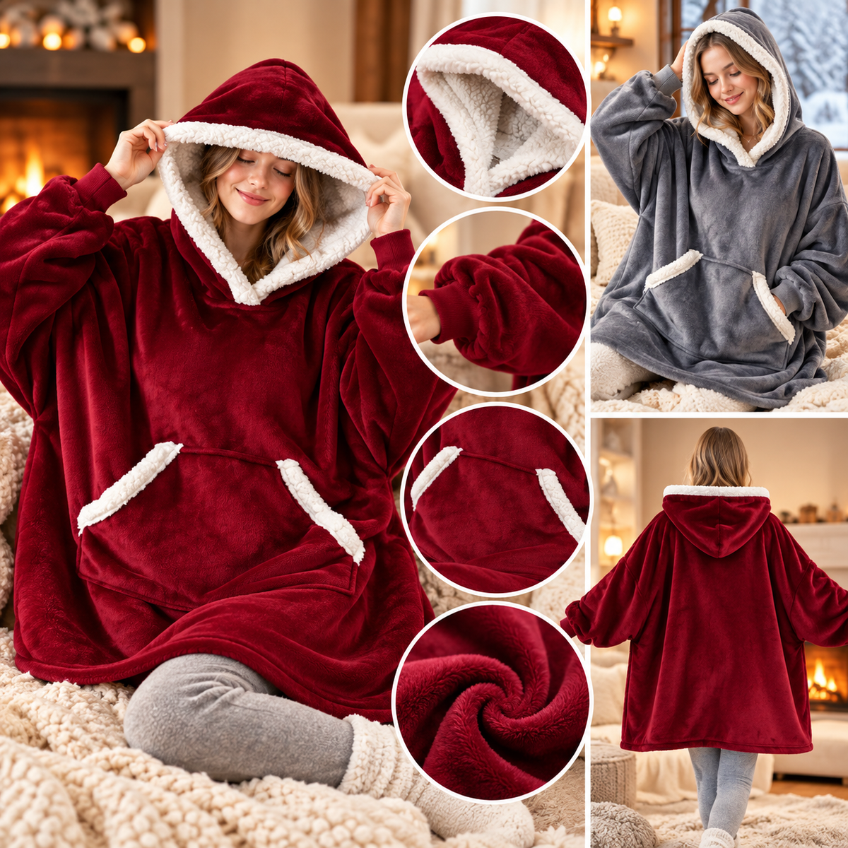 Sherpa-Lined Oversized Cozy Blanket Hoodie Pullover