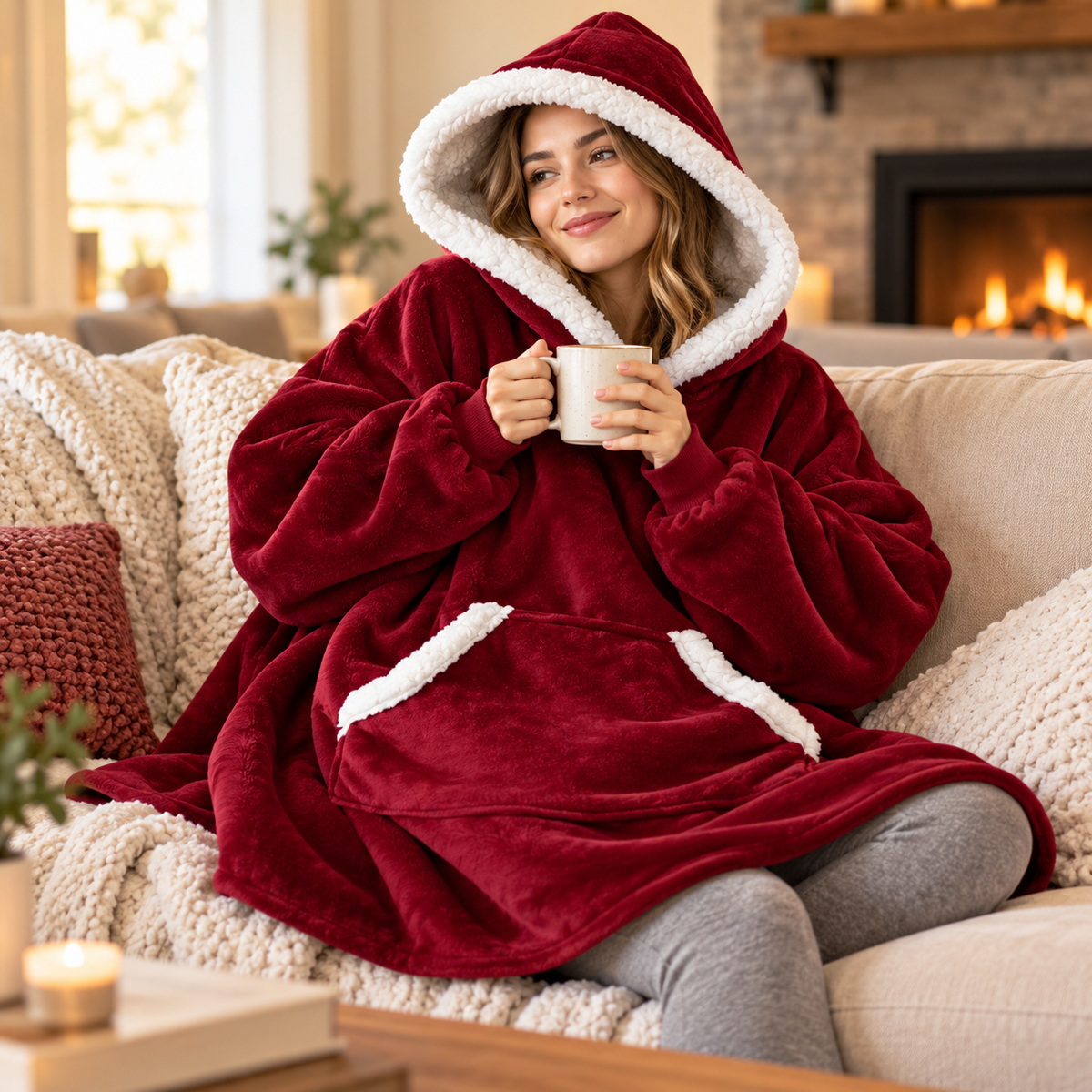 Sherpa-Lined Oversized Cozy Blanket Hoodie Pullover
