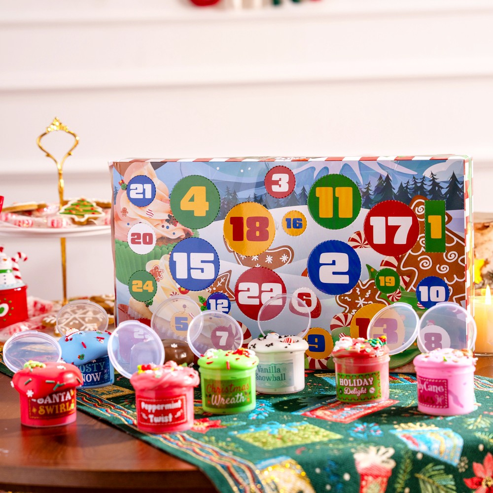 Slime Advent Box with 8 Jars and 16 Add-On Packs of Charms and Sprinkles for Holiday Mixing