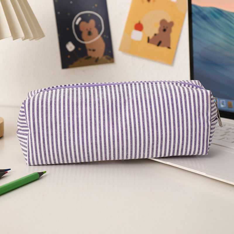 Striped Canvas Pencil Case and Stationery Organizer with Top Zipper