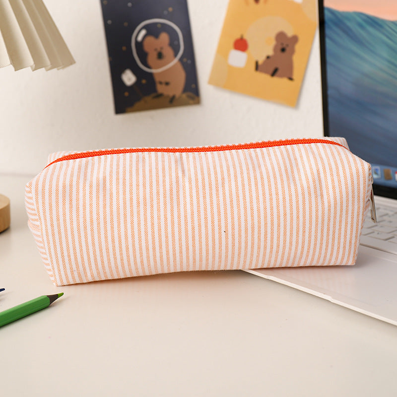 Striped Canvas Pencil Case and Stationery Organizer with Top Zipper