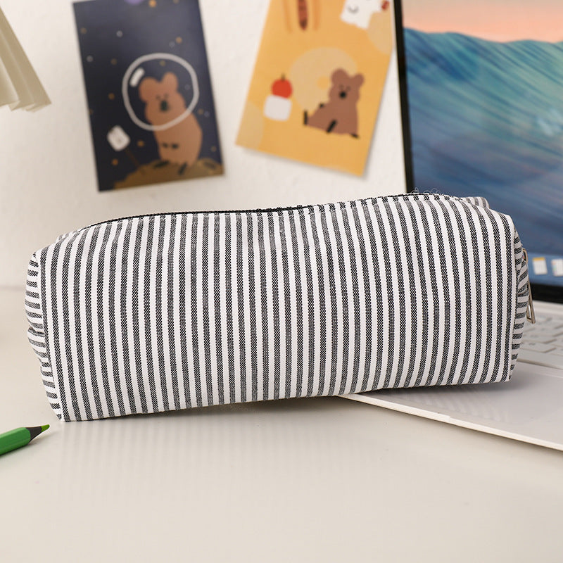 Striped Canvas Pencil Case and Stationery Organizer with Top Zipper