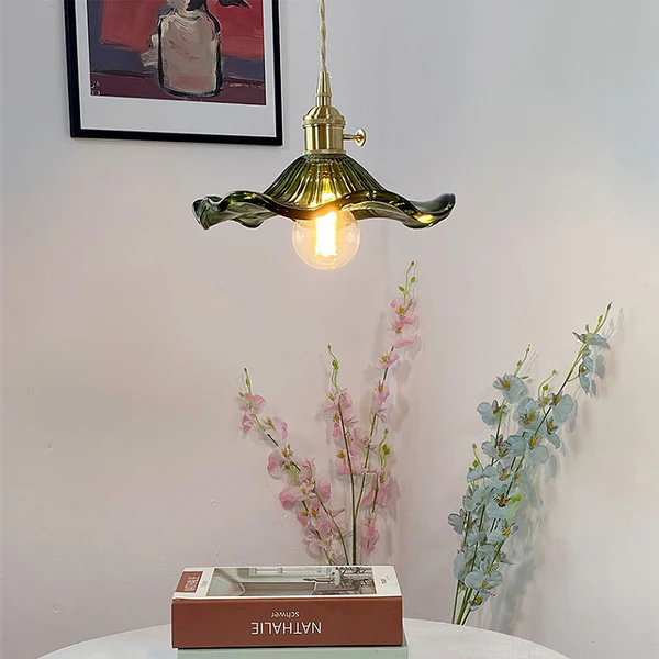 Stylish Hanging Lamp with Hibiscus Flower – Glass and Brass, 150 cm – Lamp for Living Room, Chandelier, Elegant Hanging Lamps